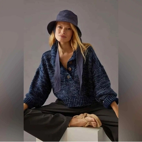 Anthropologie Pilcro Mega Henley Sweater Button Up Blue Heathered Knit, SZ 3XL - Picture 5 of 14